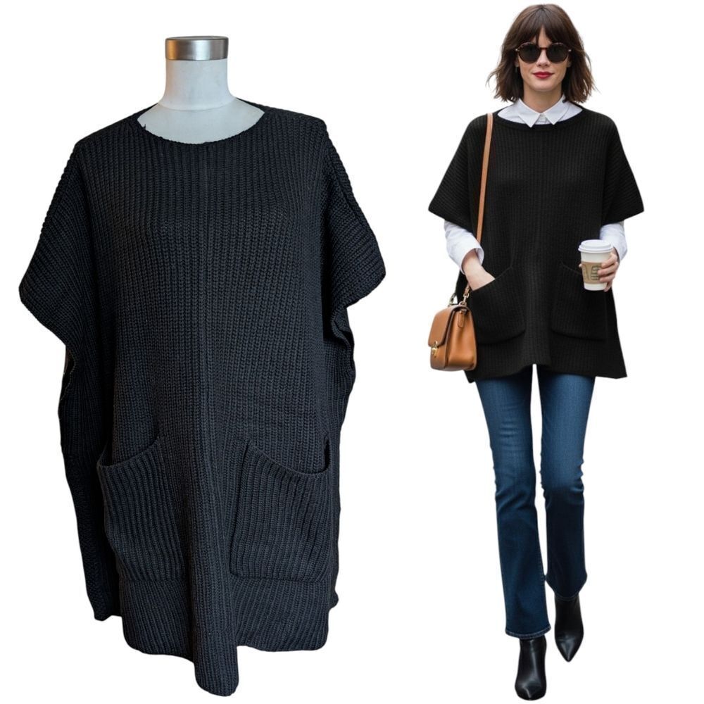Wilfred Aritzia Black 💯 Wool Oversized Poncho Vest  Sweater One Size Pockets
